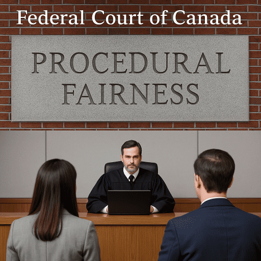 Federal Court of Canada illustration showing balanced scales of justice with legal documents and investigation tools symbolizing procedural fairness