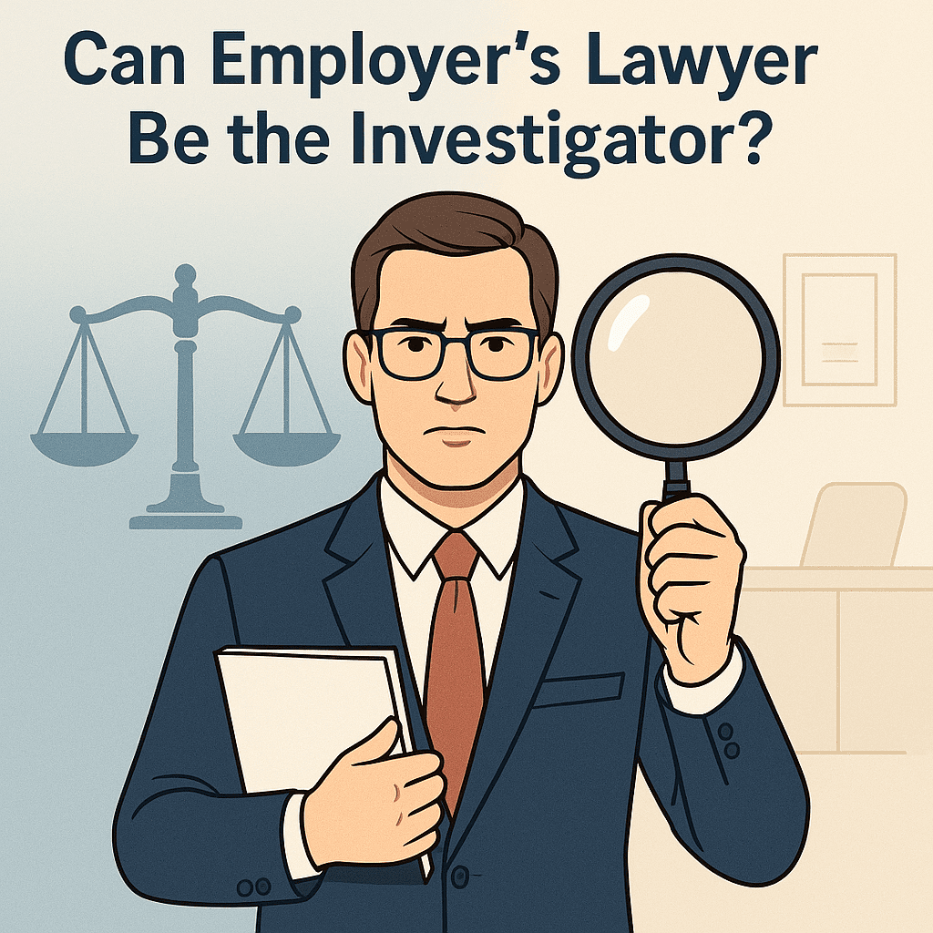 Lawyer holding legal papers and a magnifying glass, symbolizing conflict when employer’s lawyer acts as workplace investigator in Calgary